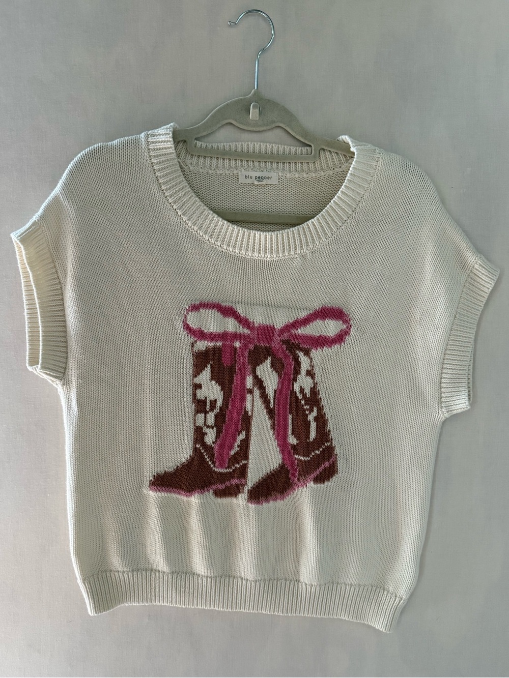 Blu Pepper Cowboy Boot Bow Sweater Vest Cream Pink Western Coquette Cropped
